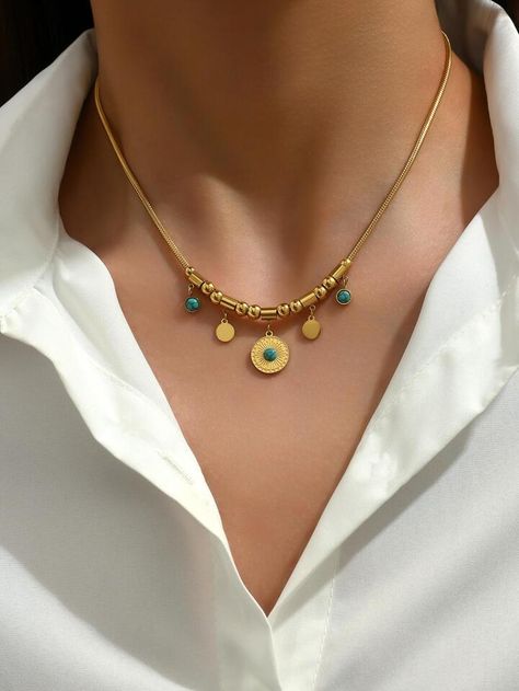 Bead Decor Round pendant Necklace | SHEIN USA Mangalsutra Pendent, Ancient Pendant, Pendent Designs, Small Gold Necklace, Simple Necklace Designs, Unique Gold Jewelry Designs, Bead Decor, Ancient Jewels, Neck Pieces Jewelry