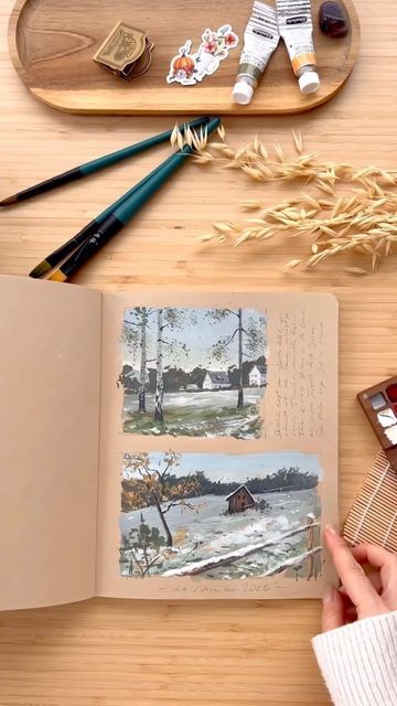 Stillman & Birn on Instagram: "🏞️ @jowishka.art painted stunning landscape studies on beige toned paper, radiating warmth and softness. Something to brighten up your feed! 📔 Stillman & Birn Nova Sketchbook FR- @jowishka.art a peint de superbes études de paysage sur papier beige, rayonnant de chaleur et de douceur. De quoi égayer votre fil d’actualité ! Have you ever tried painting on toned paper?" Painting On Toned Paper, Drawings On Tan Paper, Art On Toned Paper, Toned Paper Sketchbook, Jowishka Art, Toned Paper Art, Toned Sketchbook, Toned Paper Drawing, Landscape Studies