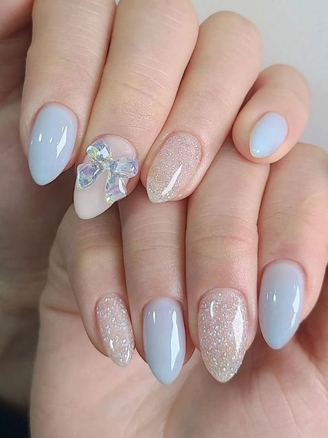 Nail Ideas Light Blue And White, Soft Gel Nails Design Blue, Light Blue Nails For Wedding, Korean Nail Inspiration, Light Blue Nail Art Design, Kbeauty Korean Nails, Light Pink And Light Blue Nails, Aesthetic Korean Nail Ideas, Blue Nails Ideas Design