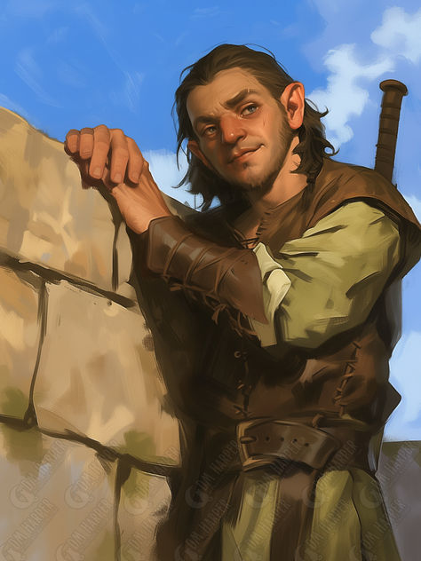 Lerry Glenfellow, Tiller's Guard Scout, Halfling Ranger, Goldenfields, Storm King's Thunder Swarmkeeper Ranger Dnd, Halfling Aesthetic, Dnd Guard, Halfling Rpg, Halfling Character Art, Halfling Dnd, Halfling Fighter, Halfling Male, Dnd Halfling