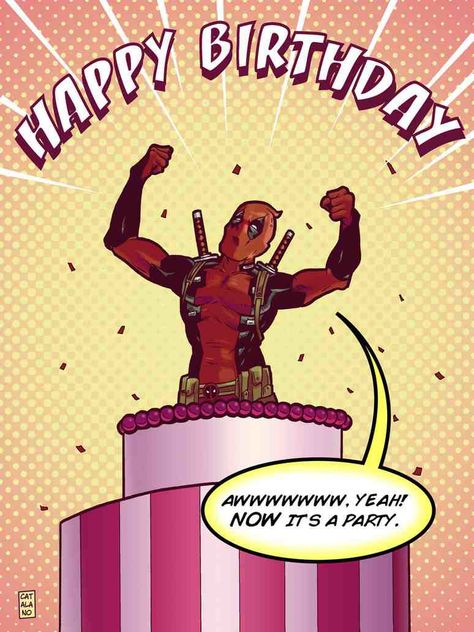 Deadpool (Happy Birthday "awwwwwww yeah! Now it's a party.") Deadpool Happy Birthday, Happy Birthday Meme Gif, Deadpool Party, Deadpool Birthday, Cute Birthday Wishes, Marvel Party, Happy Birthday Meme, Happy Birthday Messages, Birthday Meme