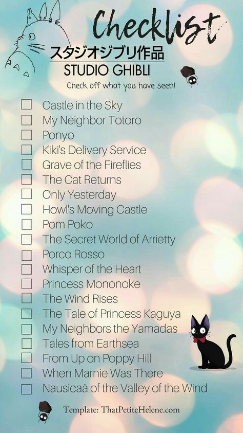 Move Checklist, Anime Checklist, Ghibli Birthday, Studio Ghibli Wallpaper, Studio Ghibli Films, Art Studio Ghibli, Ghibli Wallpaper, Secret World Of Arrietty, Studio Ghibli Fanart