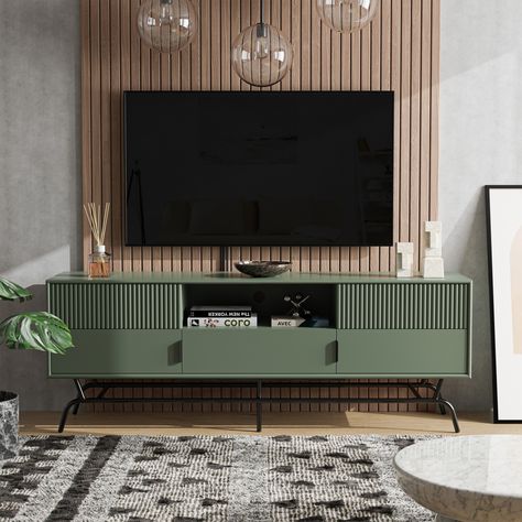 Sleek and functional, this DENHOUR BASIC Modern Sage Green 60-inch 3-Drawer Media Cabinet TV Stand will make the perfect addition for any living room or entertainment space. Ruang Tv, Tv Stand Decor, Tv Stand Designs, Muebles Living, Tv Wall Decor, Tv In Bedroom, Living Room Tv Stand, Tv Wall Design, Inspire Me Home Decor