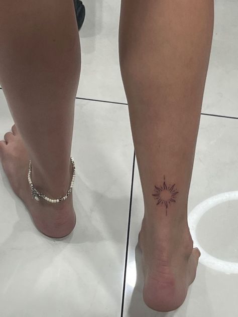 Tattoo Back Of Leg Ankle, Small Back Of Leg Tattoo, Cute Sunshine Tattoos, Sun On Ankle Tattoo, Sun On Hip Tattoo, Back Of Foot Tattoo, Boho Leg Tattoo, Sun Tattoo Placement Ideas, Leg Women Tattoo