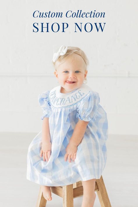 Personalize your little one's outfit with his or her name! All outfits are hand-smocked! Smocked Clothes, Hand Smock, Pink Gingham, Boy And Girl, Blue Gingham, Gingham Dress, Girl Baby, Pink Bow, Personalized Baby