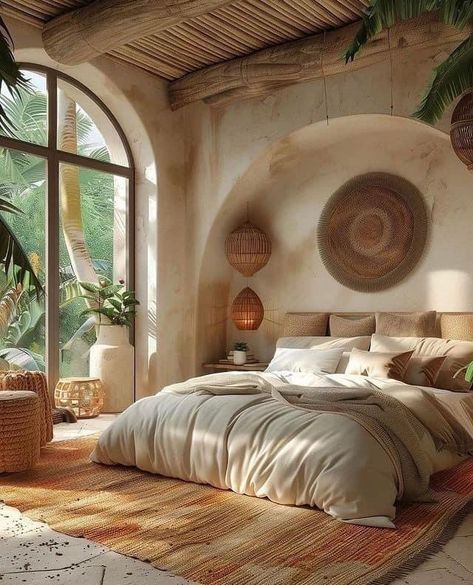 Balinese Bedroom Ideas, Unattainable Love, Afrohemian Decor, Spanish Bedroom, Decor Bedroom Ideas, Cob House, Mediterranean Home, Bedroom Layouts, Dream House Interior