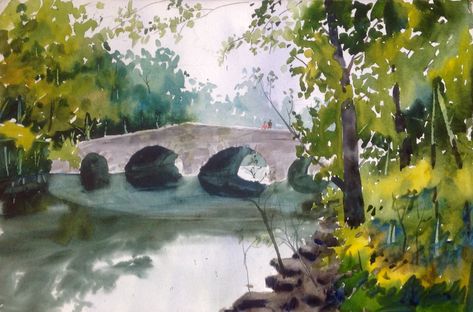 Old Bridge Painting, Watercolor Bridge, Bridge Watercolor, Bridge Ideas, Bridge Painting, Zodiac Academy, Stone Bridge, Nouveau Art, Old Bridge