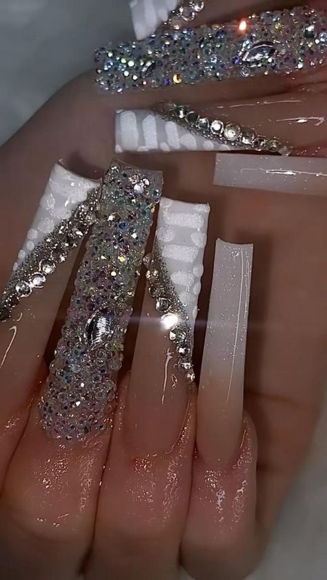 Pin on nail references Nail Designs Bling, Long Acrylic Nail Designs, Baddie Nails, Nails Design With Rhinestones, Colored Acrylic Nails, White Acrylic Nails, Glow Nails, Long Acrylic Nails Coffin, Acrylic Nails Coffin Pink