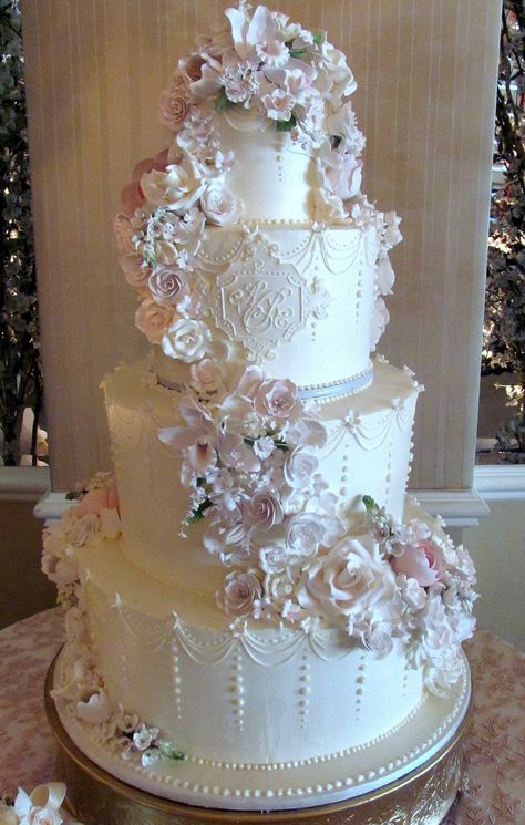 Floral Cascade | by New Rosebud Cake With Gumpaste Flowers, Classy Wedding Cakes, Vintage Pasta, Floral Cascade, Wedding Cake Centerpieces, Fancy Wedding Cakes, Extravagant Wedding Cakes, Big Wedding Cakes, Wedding Cakes Elegant