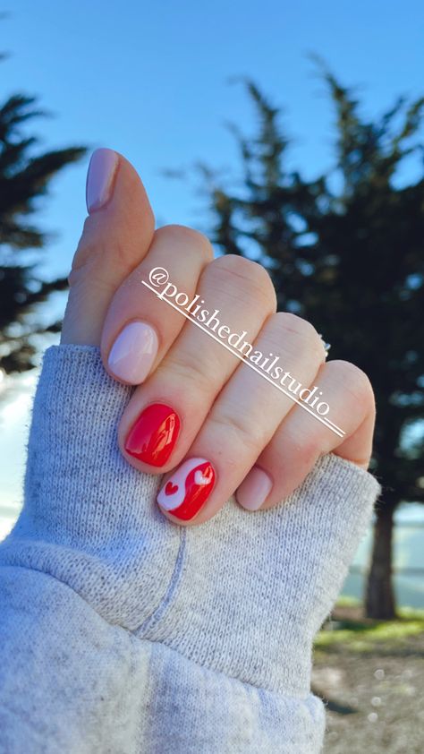 Valentine’s Day Manicure Short Nails, Valentines Day Nails Different Colors, Valentines Day Nails No French Tip, Valentines Day Accent Nail, Valentines Day Nails Regular Polish, Simple Valentine Nails Short, Valentine’s Day Nails On Natural Nails, Mix Match Valentines Day Nails, Val Times Day Nails