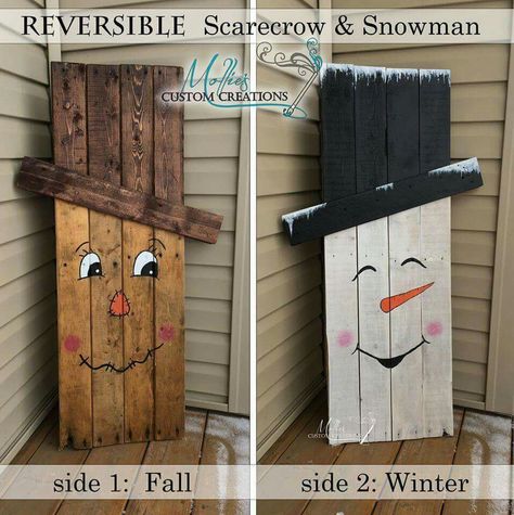 Scarecrow one side snowman reverse side. Fall and winter 2 in 1 porch decor Season Craft, Wooden Boards, Pallet Decor, Pallet Crafts, Navidad Diy, Wood Pallet Projects, Pallet Art, Diy Pallet Projects, Scrap Wood