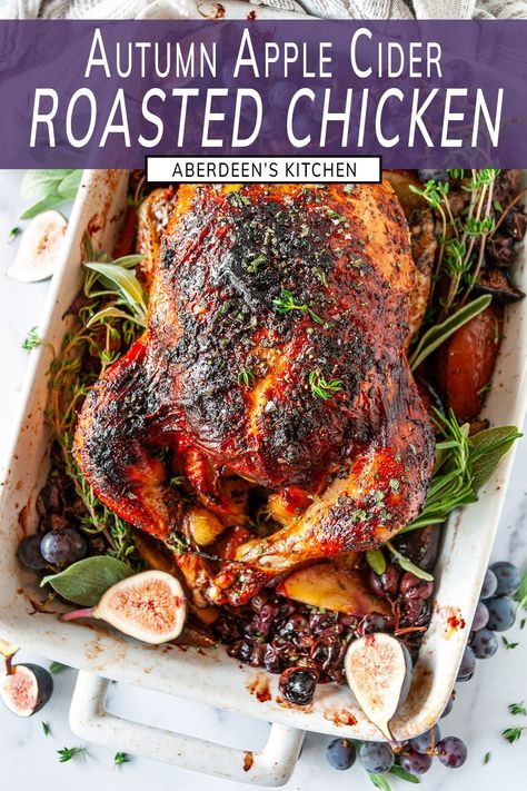 Enjoy the delicious flavors of autumn with this festive apple cider roasted chicken recipe! Seasoned and roasted to perfection with the subtle sweetness of apple cider, this dish is the perfect entree for any holiday dinner. From aberdeenskitchen.com #apple #cider #orasted #chicken #autumn #dinner #glutenfree #figs #grapes #entree #fall #holiday #recipe Apple Roasted Chicken, Autumn Egg Recipes, Apple & Cranberry Roasted Chicken, Friendsgiving Chicken Recipes, Rosemary Apple Cider Chicken, Thanksgiving Roast Chicken, Fall Grilled Chicken Recipes, Roast Chicken Thanksgiving, Festive Dinner Recipes