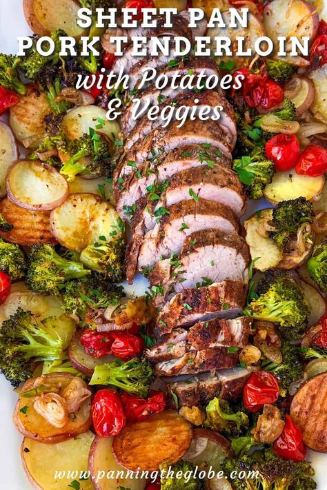 Here's a recipe for a whole dinner you can make on a sheet pan with 30 minutes of prep. Tender juicy spice-crusted pork tenderloin with roasted baby potatoes, broccoli and cherry tomatoes. This is a great recipe for for the weeknight dinner rotation. Sheet Pan Tenderloin, Pork Tenderloin With Roasted Vegetables, Roast Pork Tenderloin With Vegetables, Pork Loin One Pan Meal, One Pan Pork Loin Dinner, Pork Tenderloin With Tomatoes, Sheet Pan Pork Tenderloin With Potatoes, Meal Prep Pork Tenderloin, Pork Tenderloin And Veggies In Crockpot