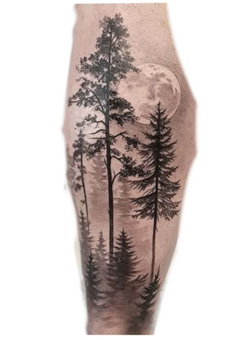 Forest Trees Tattoo Design, Tree Scenery Tattoo, Forest Tree Tattoo Design, Forest And Moon Tattoo, Moon Trees Tattoo, Woods Tattoo Design, Moon And Trees Tattoo, Forest Moon Tattoo, Forest Tree Tattoo