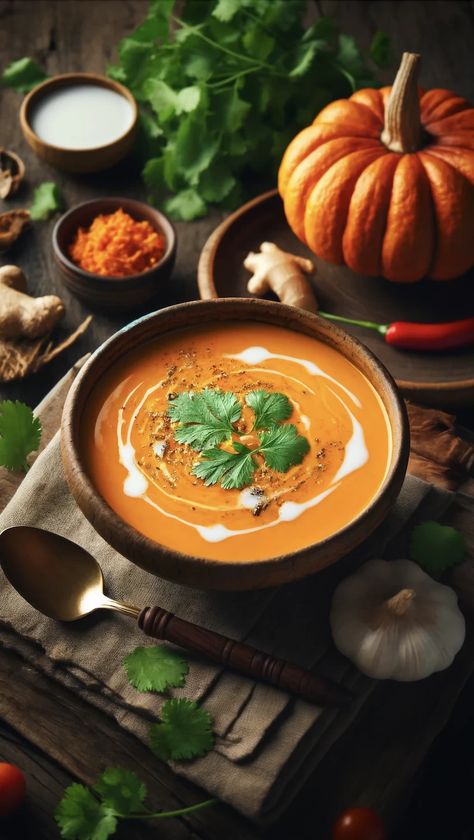 Thai Spicy Pumpkin Soup Pumpkin Soup Photography, Food Composition, Soup Food Photography, Autumn Food Photography, Spicy Pumpkin Soup Recipe, Thai Pumpkin Soup, Spicy Pumpkin Soup, Thai Food Photography, Food Photography Composition