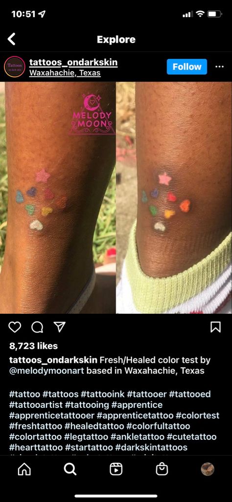 Color Tattoos After Years, Color Tattoos On Light Skin, Blue Tattoo Ink On Brown Skin, Green Tattoo On Brown Skin, Blue Ink On Dark Skin, Tattoo Color Test Ideas, Healed Color Tattoos On Dark Skin, Color Tattoo Black Skin, Black Skin Color Tattoo