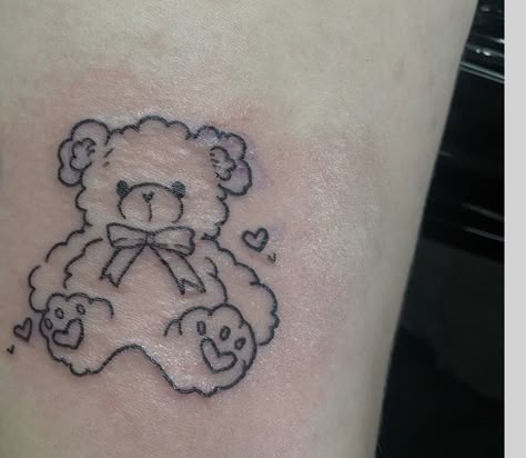 Bear Holding Heart Tattoo, Kawaii Bear Tattoo, Corduroy Bear Tattoo, Matching Teddy Bear Tattoos, Baby Bear Tattoo Ideas For Women, Stuffed Bear Tattoo, Plushie Tattoo, Baby Bear Tattoo, Teddy Bear Tattoo