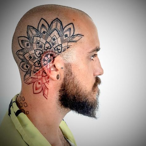 By @giuliabolognatattooartist #tattoodefender #tattoodefenderteam #tattoodefenderaftercare #tatuati #tatautori #loveyourskin  #head #freehand #freehandtattoo #headtattoo #geometric #mandala #geometrictattoo #dotwork #geometrip #sutra #dotworktattoo #ornamental #blckink #iltatuaggio #tattoo #tattoos #radtattoos #ink #inked # Mandela Head Tattoos, Mandala Head Tattoo, Tattoo Group, Bald Tattoo, Undercut Tattoos, Tattoo Crane, Mandala Tattoo Men, E.t Tattoo, Tattoo Homme