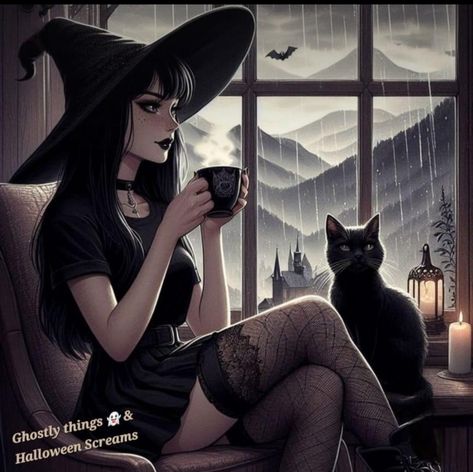 Witch Oc Art, Gothic Pfp Aesthetic, September Coffee, Icon Background, Black Cat Aesthetic, Halloween Facts, Witch Girl, Gothic Fantasy Art, Witchy Wallpaper