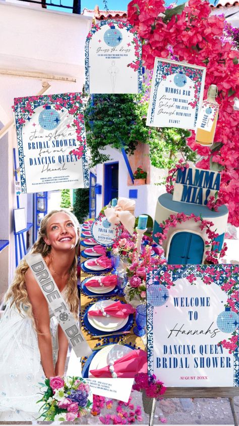 Created by makemedigitalshop on Shuffles Mamma Mia Dancing, Mamma Mia Dancing Queen, Santorini Party, Pink Bougainvillea, Pink Bachelorette, Bridal Shower Inspo, Santorini Blue, Blue Bridal Shower, Bachelorette Themes