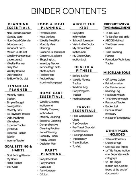 Work Planner Printable Organizing Lists Free Printables, Personal Binder Organization, Personal Binder Ideas, Organization Categories Home, Free Home Management Printables, Free Planning Printables, Notes Binder Organization, Household Planner Printables Free, Family Organization Binder