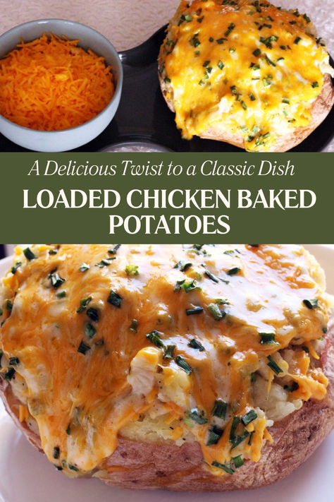 Loaded Chicken Baked Potatoes are a mouthwatering and satisfying meal that takes the traditional baked potato to a whole new level... Chicken For Baked Potatoes, Southwest Baked Potato, Rotisserie Chicken Baked Potato, Loaded Chicken Twice Baked Potato, Chicken Baked Potato Recipes, Baked Potato As A Meal, Chicken Stuffed Potatoes Recipes, Baked Potato For Dinner, Chicken Broccoli Baked Potato