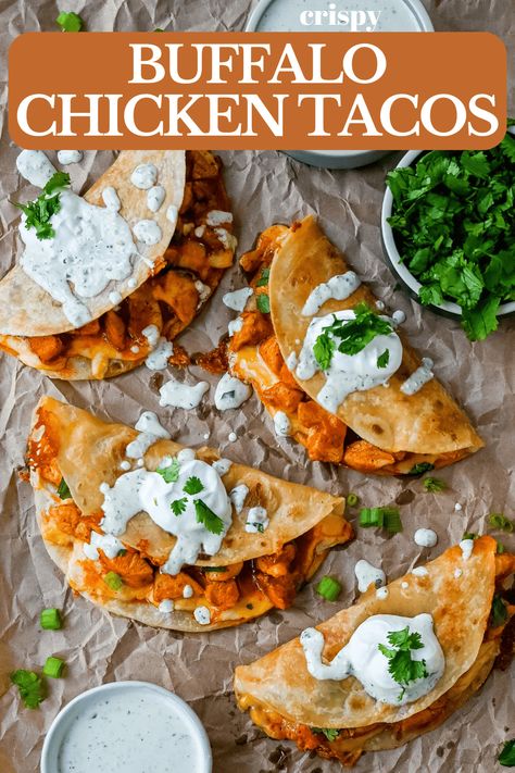 Crispy Buffalo Chicken Tacos Crispy Buffalo Chicken Tacos, Buffalo Chicken Taco, Chipotle Chicken Tacos Recipe, Buffalo Chicken Nachos Recipe, Buffalo Chicken Wrap Recipe, Crockpot Chicken Tacos Recipes, Jalapeno Ranch Dressing, Buffalo Chicken Quesadilla, Buffalo Chicken Nachos