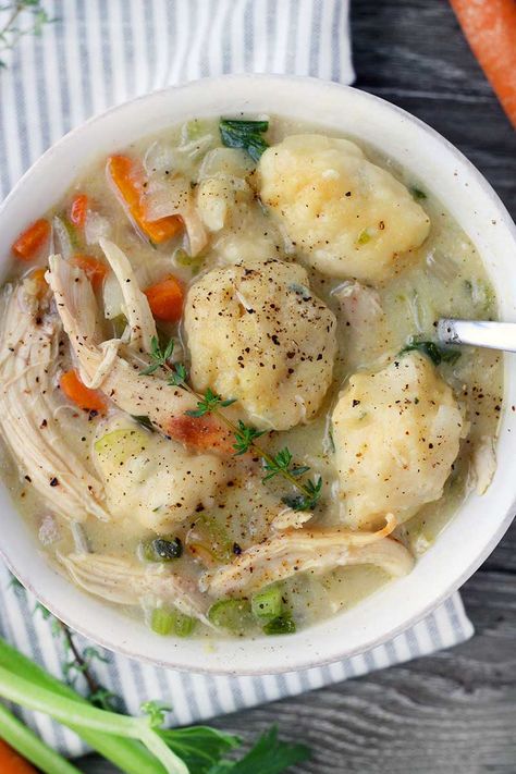 Easy Chicken and Dumplings from Scratch - If you use already cooked chicken (such as rotisserie) and store-bought broth, chicken and dumplings from scratch is a fast and easy comfort food meal to make on busy nights! The fresh thyme in the dumplings sets it over the edge. via @bowlofdelicious Chicken And Dumplings From Scratch, Dumplings From Scratch, Easy Chicken And Dumplings, Fluffy Dumplings, Chicken Dumpling Soup, Homemade Chicken And Dumplings, Dumplings For Soup, Dumpling Recipe, Food Blogs