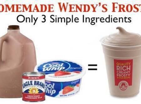 Homemade Wendy’s Frosty! 1 can sweetened condensed milk 1 8 oz. tub Cool Whip 1/2 gallon chocolate milk  Directions: Mix all the ingredients FIRST, then pour it into the ice cream maker. Mix for 20 to 30 minutes until it reaches frozen perfection, pour in a big glass, insert straw and drink! Wendy's Frosty, Wendys Frosty, Eagle Brand Milk, Milk Shakes, Cool Whip, Yummy Sweets, Frozen Desserts, Frozen Treats, Frappe