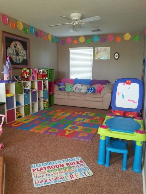 Colorful playroom Bought the cubes at Home Depot for only $35 and found most of the stuff online at clearance prices. My Kids love this room! Plus the storage cube idea is great for quick cleanup that kids can do. Ideas For Daycare Decorating, Colorful Playroom Ideas, Day Care Room Ideas, Home Daycare Rooms, Home Daycare Ideas, Decoration Creche, Daycare Rooms, Home Childcare, Daycare Decor