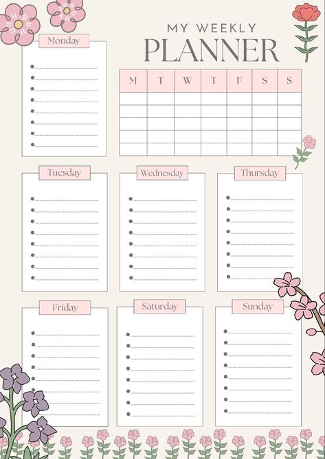 Digital Weekly Planner , Beige Flower Illustration Organised Planner - Etsy Canada nel 2024 | Programma