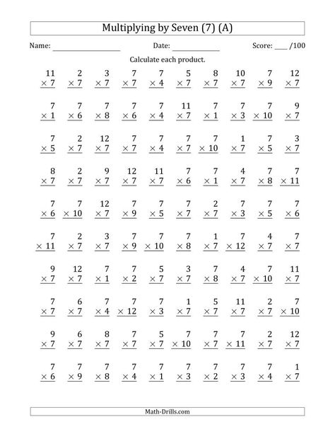 The Multiplying by Seven (7) with Factors 1 to 12 (100 Questions) (A) Math Worksheet from the Multiplication Worksheets Page at Math-Drills.com. Free Printable Multiplication Worksheets, Multiplication Practice Worksheets, Free Multiplication Worksheets, Times Tables Worksheets, Printable Multiplication Worksheets, Multiplication Facts Worksheets, Math Multiplication Worksheets, Math Fact Worksheets, Math Drills