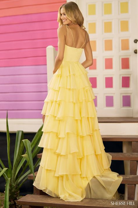 Buy dress style № 56108 designed by SherriHill Yellow Sherri Hill Prom Dress, Sherri Hill Gowns, Layered Gown, Yellow Prom, Ruffle Prom Dress, Ruffle Gown, Sherri Hill Prom Dresses, Floor Length Prom Dresses, Prom Dress Stores