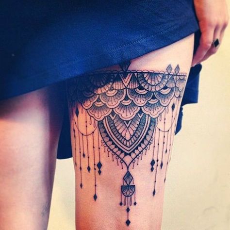 Lace Garter Tattoos, Garter Tattoo, Girl Thigh Tattoos, Lace Tattoo Design, Thigh Tattoo Designs, Leo Tattoos, Lace Tattoo, Thigh Tattoos Women, Tattoo Feminina