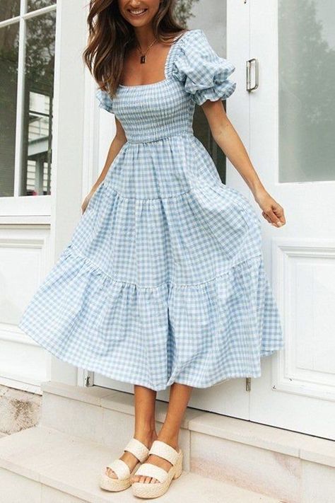 Diy Sy, Fresh Dress, Puff Sleeve Midi Dress, Statement Dress, Modest Clothing, Bubble Sleeve, Sleeve Midi Dress, Plaid Dress, Modest Outfits