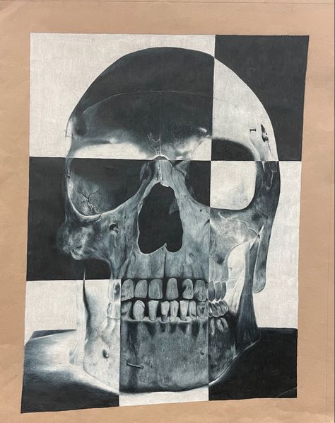 Three Skulls Drawing, Skull Drawing Realistic, Mixed Media Skull Art, Color Inverted Drawing, Unique Skull Drawing, Inverted Art Negative, Creative Skull Drawing, Skull Gcse Art Page, Everyday Objects Art Gcse