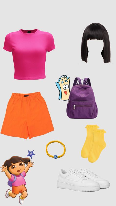 Dora the explorer Halloween costume Dora Outfit Ideas, Swiper Dora Costume, Trunk Or Treat Costume Ideas, Movie Character Costumes Spirit Week, Explorer Halloween Costume, Dora Cosplay, Dora Clothes, Dora Halloween Costume, Squarepants Outfit