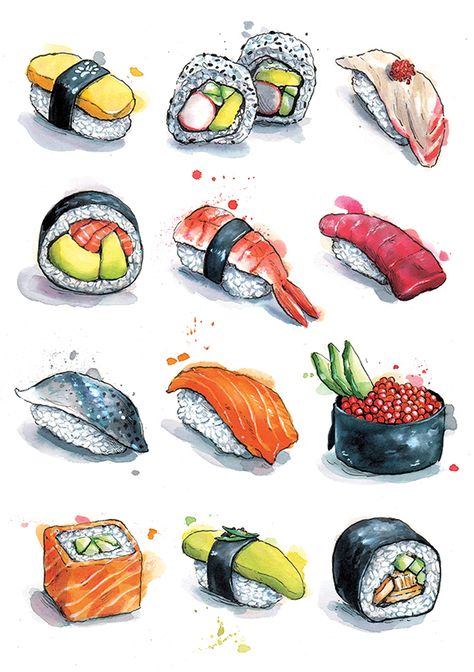 Hannah George | Meiklejohn Rice And Fish, Sushi Drawing, Kinds Of Sushi, Watercolor Food Illustration, Food Art Painting, Visuell Identitet, 귀여운 음식 그림, Foodie Art, Sushi Art