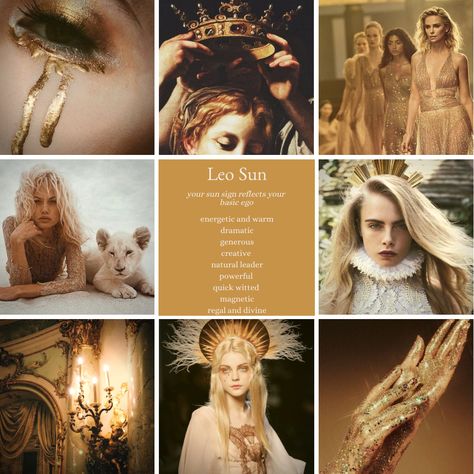 Leo sun zodiac sign mood board and astrology aesthetic Leo Sun Capricorn Rising, Zodiac Sign Mood Boards, Leo Zodiac Mood Board, Leo Aethestic, Sun In Leo Aesthetic, Leo Astrology Aesthetic, Leo Star Sign Aesthetic, Moon In Leo Aesthetic, Leo Bedroom Aesthetic