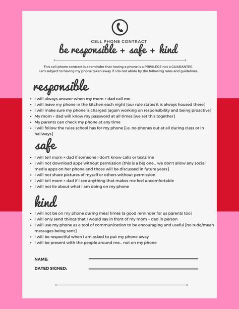 safe Teen Phone Contract Free Printable, Cellphone Contract For Kids, Cell Phone Contract For Kids Teenagers, Phone Contract For Teen, Cell Phone Contract For Teenagers, Cell Phone Rules For Kids, Snapchat Contract For Parents, Phone Rules For Kids, Cell Phone Contract For Kids