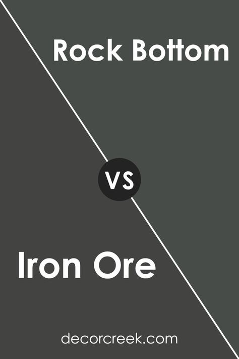 Iron Ore and Rock Bottom by Sherwin Williams offer depth and sophistication to spaces. Iron Ore presents a darker, charcoal-like hue, perfect for bold statements, while Rock Bottom, lighter and warmer, suits contemporary, cozy ambiences. Their distinct intensities and undertones cater to diverse design preferences, providing unique character to interiors. Rock Bottom By Sherwin Williams, Sherwin Williams Rock Bottom Cabinets, Rock Bottom Paint Sherwin Williams, Sw Iron Ore Bedroom, Sw Rock Bottom Cabinets, Sw Rock Bottom Exterior, Iron Ore Vs Wrought Iron Paint, Sherwin Williams Rock Bottom Exterior, Sw Rock Bottom Paint