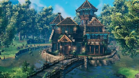 Medieval Mansion Valheim Build Medieval Mansion, Nordic Architecture, Viking Village, Viking Culture, Tower Building, Fantasy House, Survival Games, Watch Tower, Iron Gate