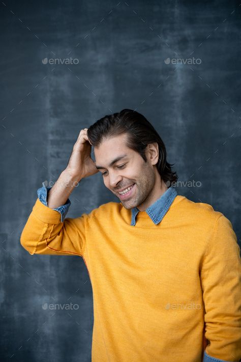 Guy Scratching Back Of Head, Person Scratching Head, Scratching Back Of Head Reference, Scratching Head Reference, Scratching Head Pose, Men With Stubble, Smiling Man, Male Hands, Drawing Poses