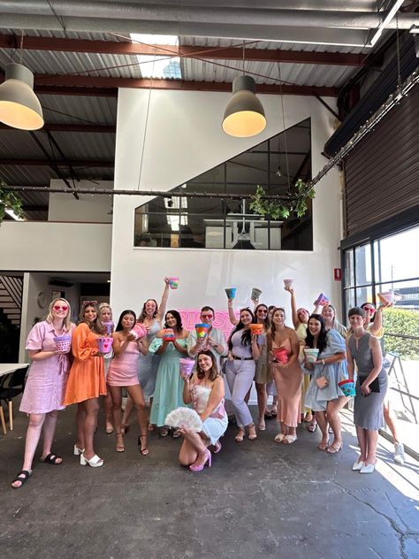 Pastel Hens Party Outfit, Hendo Outfit Ideas, Bachelorette Party Pastel Colors, Pastel Hen Party, Bachelorette Party Outfit Pastel, Bachelorette Pastel Outfits, Bachelorette Bridesmaid Outfits, Pastel Group Outfits, Pastel Bachelorette Party Outfits