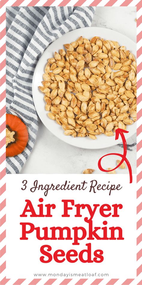 Air Fryer Pumpkin Seeds are easy to make and a healthy snack! Roasted in the air fryer until crispy these are delicious seasoned with your favorite flavors. This is a great way to use the whole pumpkin with zero-waste during the Fall season. #pumpkin #pumpkinseeds #airfryer #airfryerrecipe #snack #mealprep #fall Airfry Pumpkin Seed, Air Fry Pumpkin Seeds Recipe, Roasted Pumpkin Seeds Air Fryer, Airfryer Pumpkin Seeds, Drying Pumpkin Seeds, Air Fryer Pumpkin Seeds, Cinnamon Sugar Pumpkin Seeds, Air Fryer Pumpkin, Whole Pumpkin