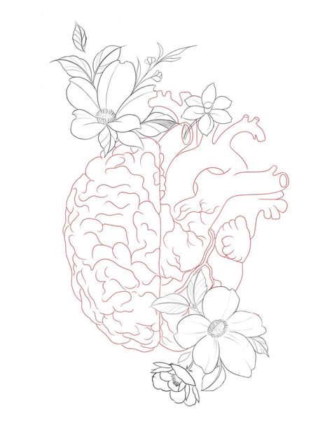 Brain Heart Flower Tattoo, Heart And Brain Tattoo With Flowers, Anatomical Heart Drawing Flowers, Balance Heart And Brain Tattoo, Brain With Flowers Tattoo, Cerebro Dibujo, Healer Tattoo, Brain With Flowers, Healthcare Tattoo