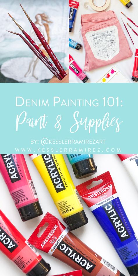 Denim Painting 101: Paint and Supplies | Kessler Art & Travel What Paint To Use On Denim, Paint Denim Jacket Diy, How To Paint On Jeans Diy, How To Paint On Denim, Painting On Denim Jeans, Denim Pocket Painting, How To Paint On Jeans, How To Paint Jeans, Denim Painting Ideas