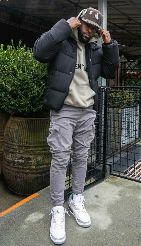 Casual Drip Outfits Men, Mens Fall Outfits With Jordans, Mens Winter Outfits Street Style, Mens Hip Hop Fashion Outfits, Mens Drippy Outfits Winter, Black Man Outfits Street Style Winter, Black Male Fall Outfits, Fall Outfits Streetwear Men, Winter Street Wear Men