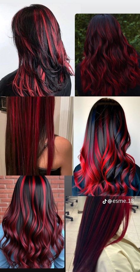 Hair Dye Ideas Wolf Cut, Purple Hair Highlights On Black Hair, Streaks Of Color In Hair, Hair Color Ideas Dirty Blonde, Unique Hair Dye Ideas Brunettes, Color Underneath Hair, Red Hair Looks, Skunk Hair, Hairstyle Examples