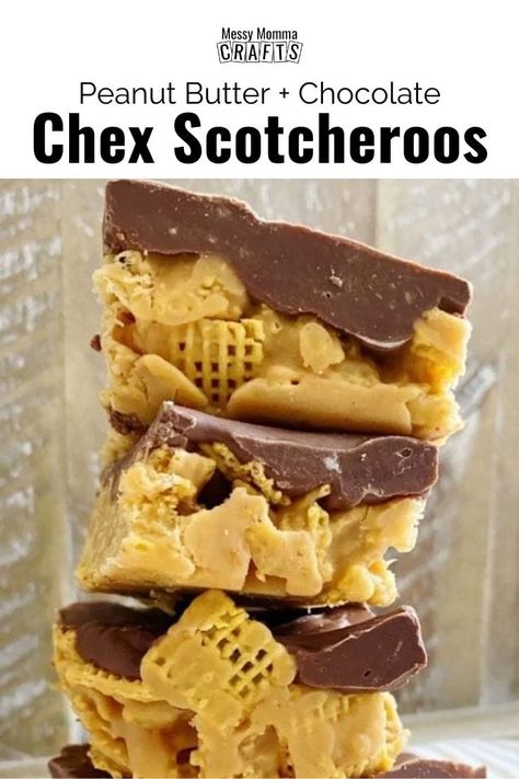 These Chex Scotcheroos are made with peanut butter, butterscotch and chocolate. Make this easy homemade bar treat for your kids to enjoy. Find the recipe on Messy Momma Crafts. #MessyMommaCrafts Chex Scotcheroos, Scotcheroos Recipe, Chocolate Chex, Homemade Chocolate Chips, Homemade Goodies, Chex Cereal, Chex Mix Recipes, Parmesan Recipes, Chocolate And Peanut Butter